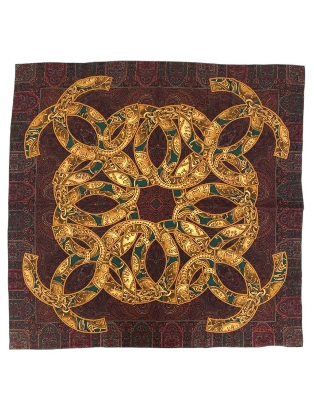 Chanel CC Logo Paisley Silk Scarf Bordeaux